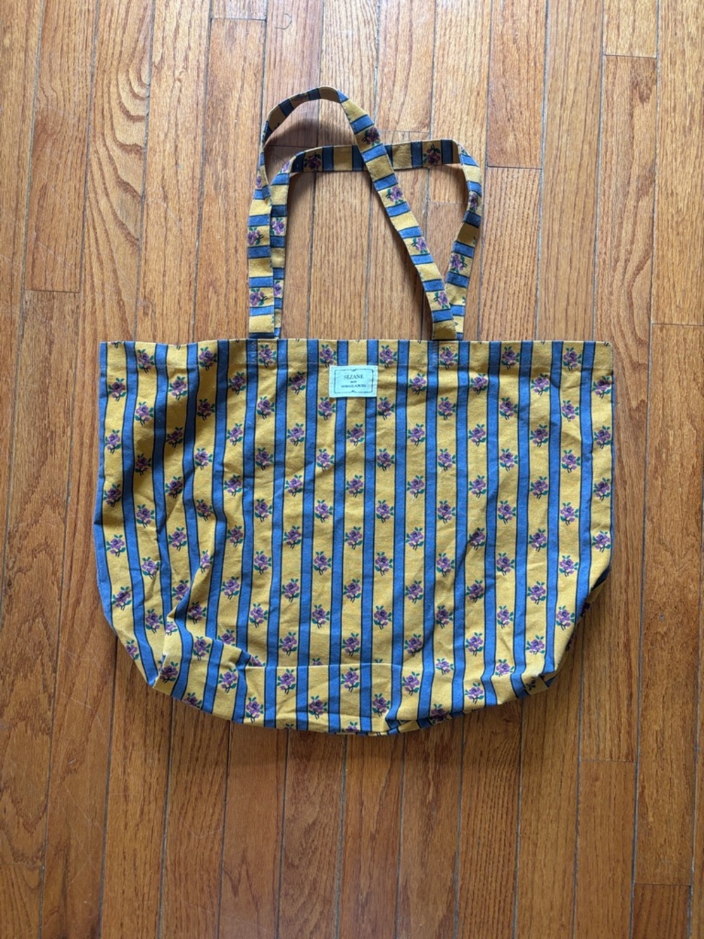 Sezane Yellow and Blue Striped Floral Tote Shoulder Bag